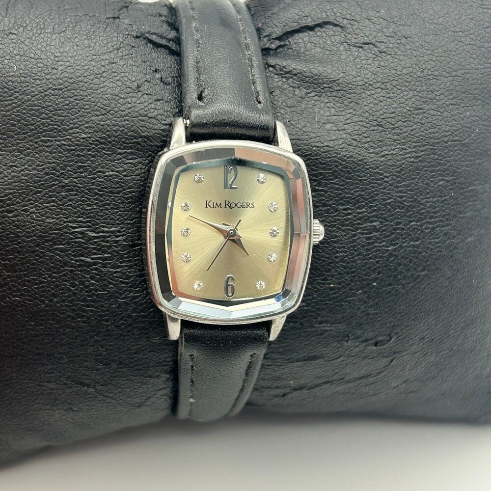 Kim Rogers Silver Black Leather Women’s Watch Working New Battery
